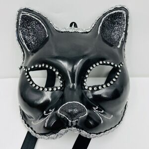 Vintage Hand Painted Venetian Black Glitter Rhinestone Cat Mask Wall Decor Italy